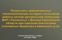 Результаты сравнительных теплотехнических экспресс–испытаний работы котлов центральной котельной МУП «Теплосеть» г.Велижа Смоленской области при сжигании биотоплива (топливных брикетов) и каменного угля